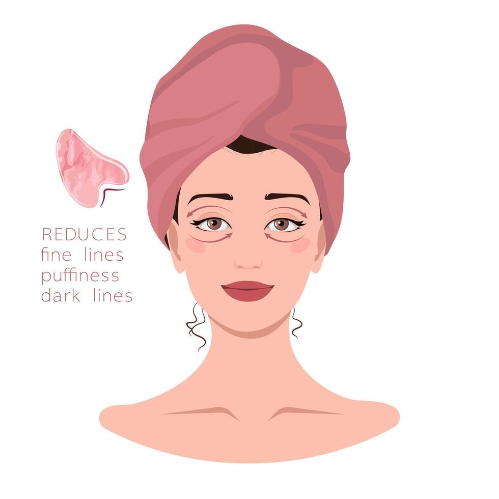 Facial massage lines direction scheme. How to do gua sha massage infographic. Portrait of young woman in towel on head with gua sha scraper for presentation, make-up, beauty, web, blog, social media. vector