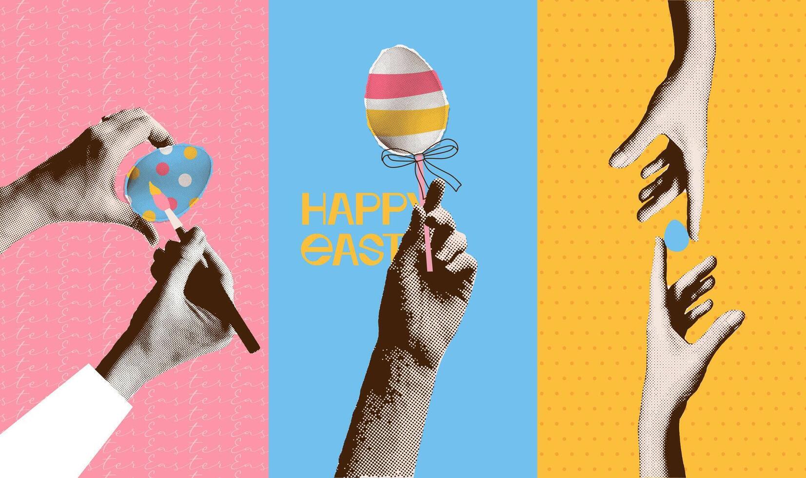 Halftone collage posters set. Hand with Easter egg, decorating egg, celebrating Easter. Minimalistic y2k trendy vector vertical banner templates.