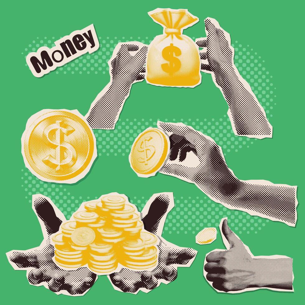 Set of hand paper sticker elements holding money for halftone collages. Retro y2k vector illustration on finance theme with coin dollars and money sack.