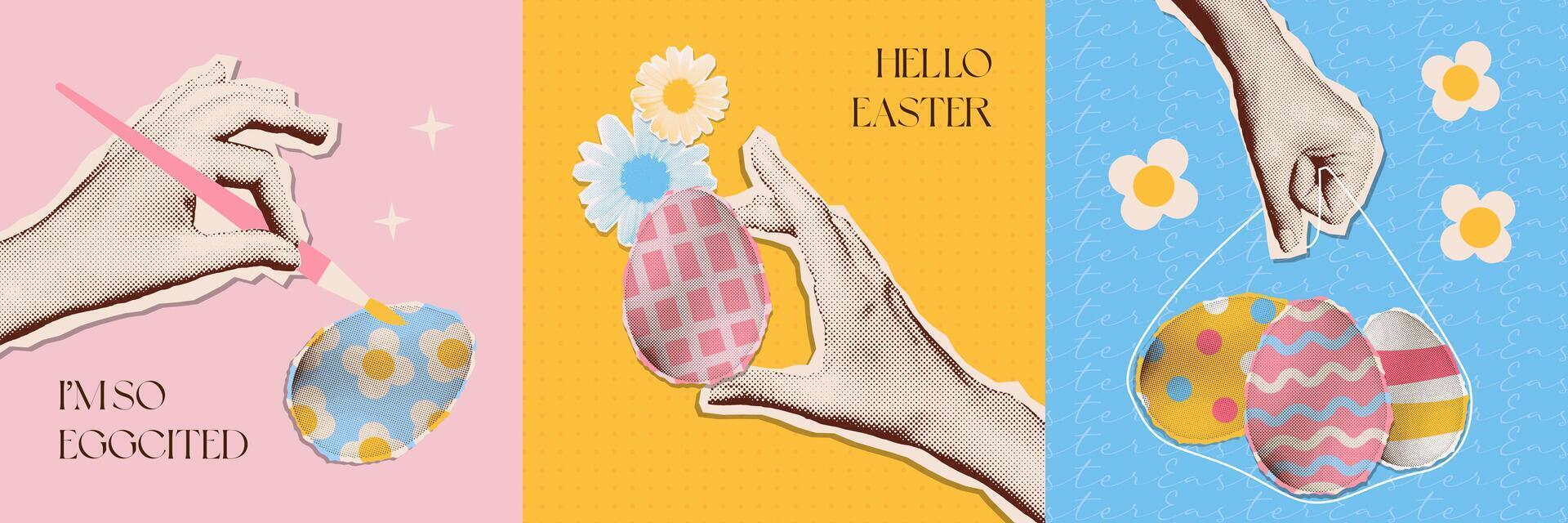 Contemporary art halftone collage set of hand holding a painted eggs. Easter sweets and egg hunt concept. Vector y2k pop art illustration.