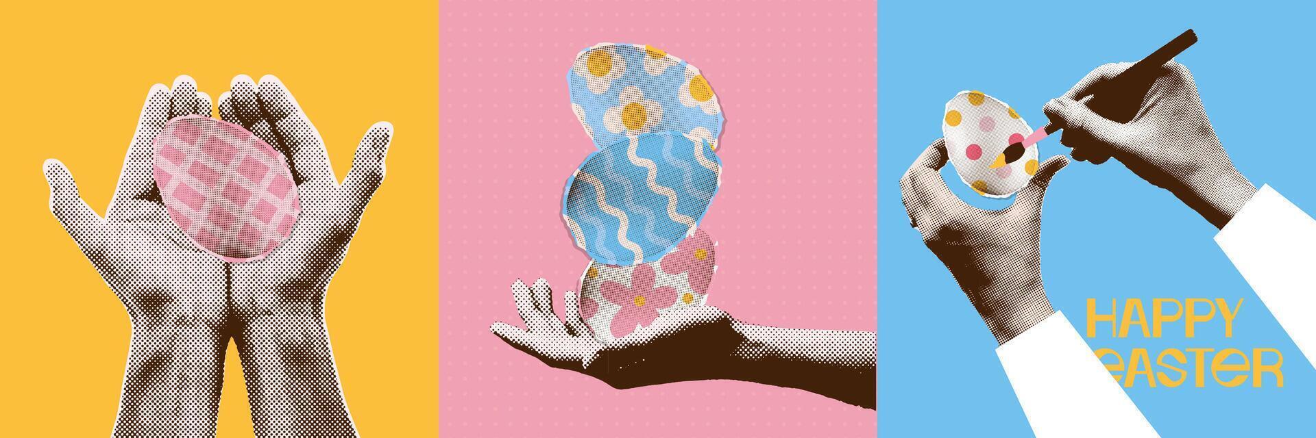 y2k vintage halftone collage of hands holding and painting eggs. The concept of spring holiday celebration . Minimalism cards set. Vector pop art illustration.