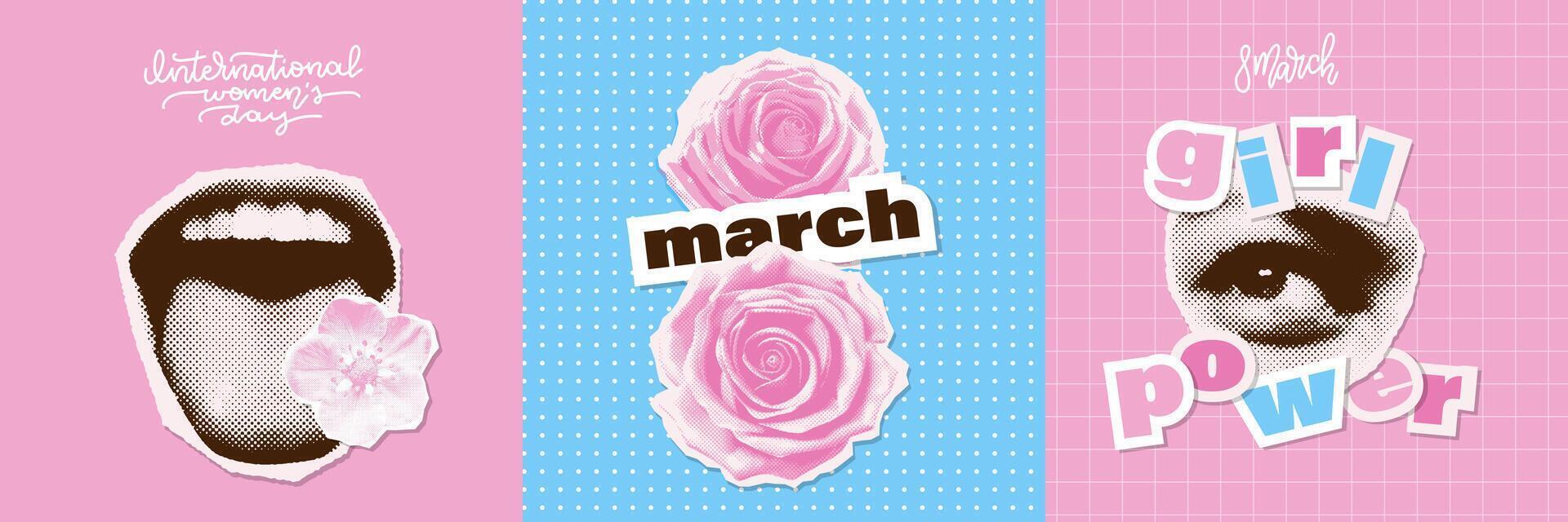 March 8 international women's day halftone collage cards set. Trendy Girl power concept. Vector illustrations. Typography banners. Background for a poster, t-shirt or banner.