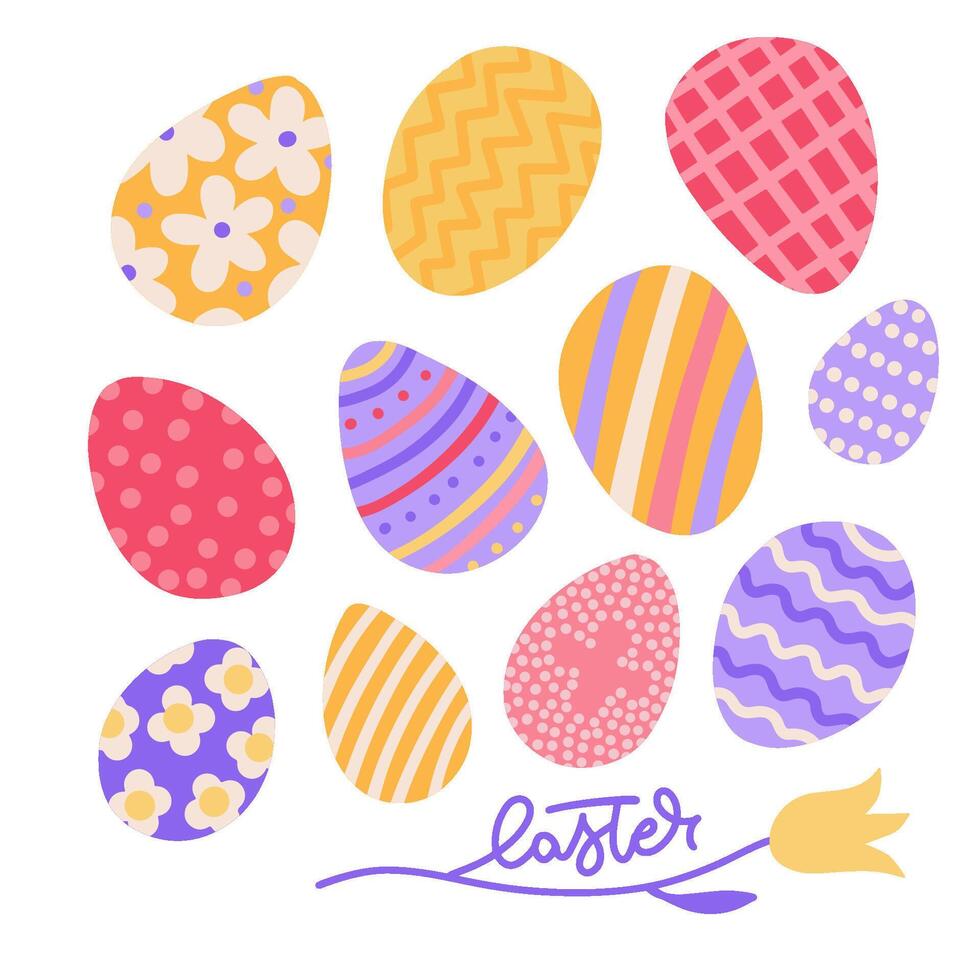 Cute hand drawn Easter eggs set. Flat hand drawn Shell decorated with different shapes, lines and circles in various colors. Simple icons and elements for posters and holiday banners vector