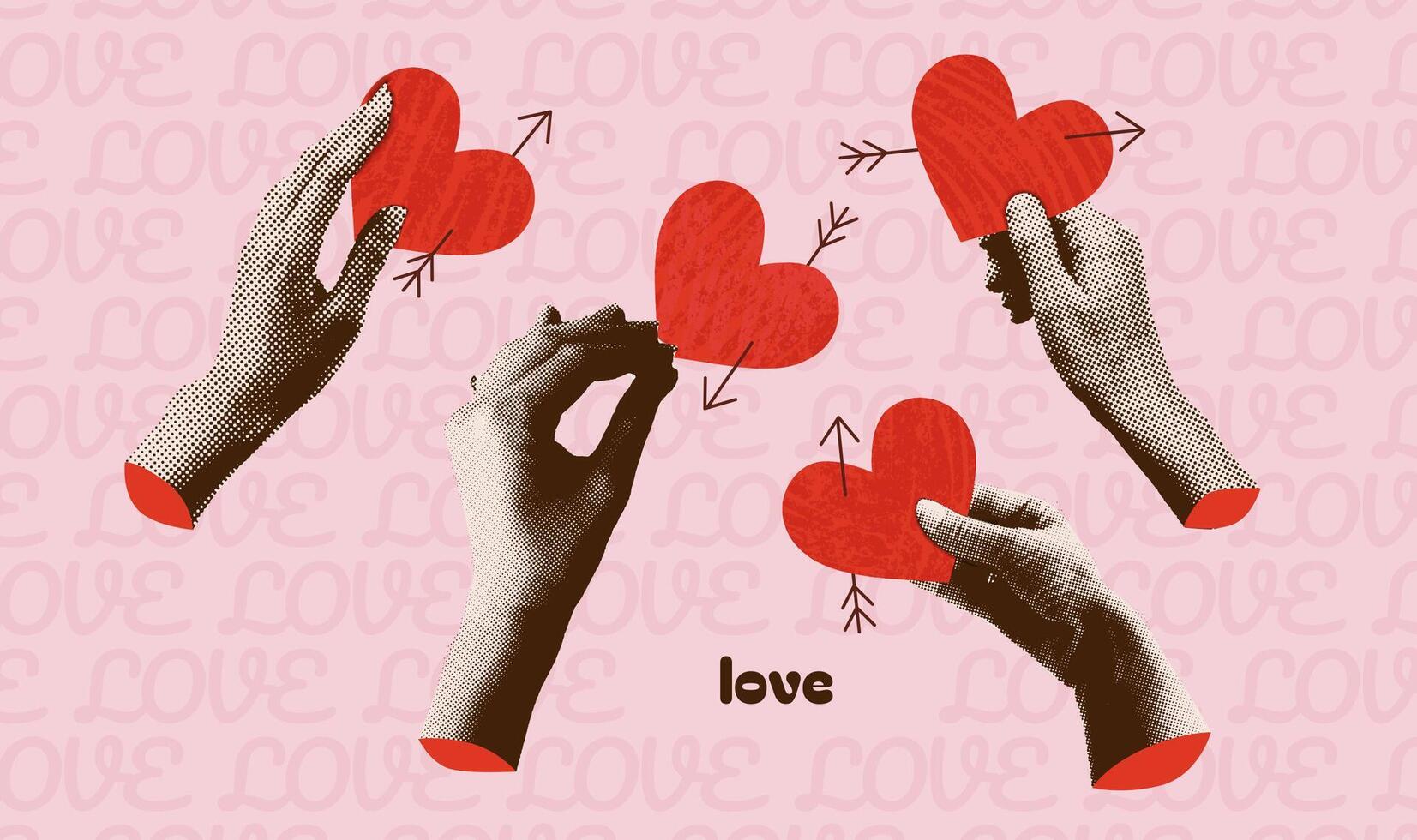 14 February collage set. Paper halftone hands holding hearts with grunge texture and linear arrows. Mixed media design with cut out paper female palms for Valentine s day events. Vector illustration