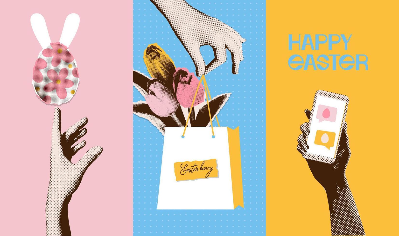 Contemporary vertical banners or posters set of hands holding eggs, phone with congratulatory message and tulips bunch. Minimal halftone vector collage illustration.