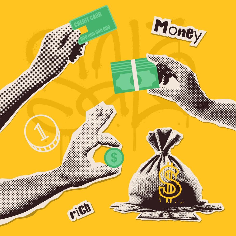 Halftone set of hands with torn out paper collage elements of money theme hand holding banknote, coin, plastic card. Trendy retro 90s, y2k 00s style. Vector illustration.