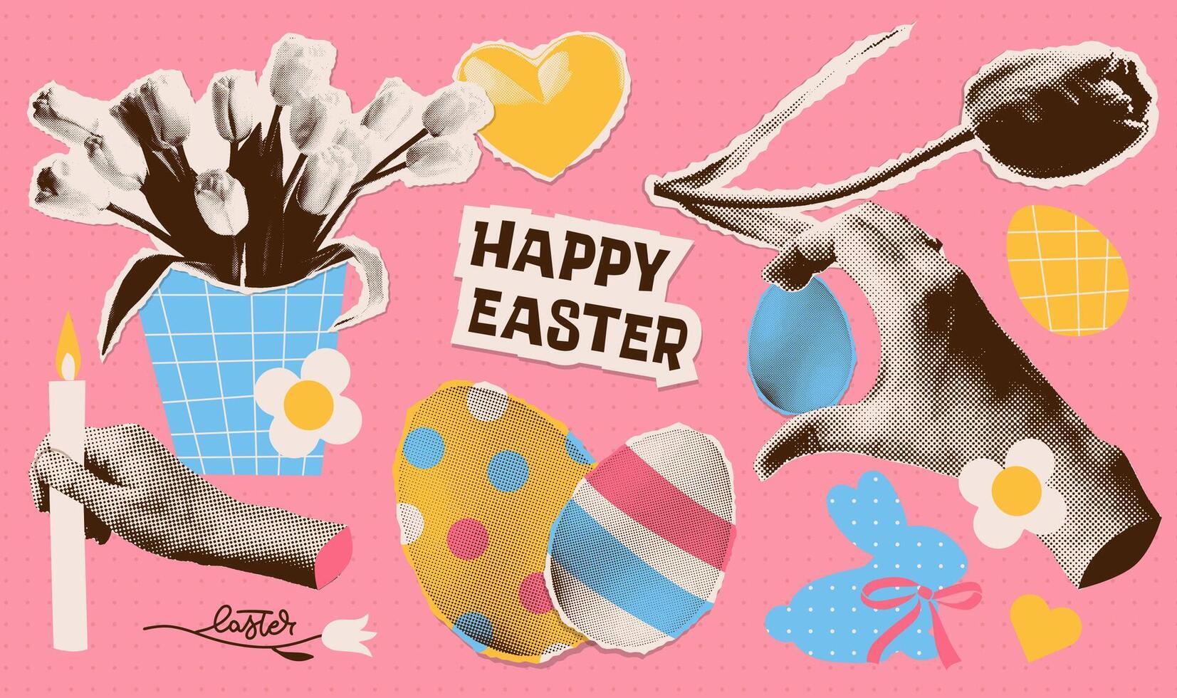 mínimo collage de tradicional Pascua de Resurrección elementos conjunto con abril fiesta tulipanes racimo, papel conejito, pintado huevos con sencillo ornamento. trama de semitonos obra de arte Rasgado papel pegatinas vector recopilación.