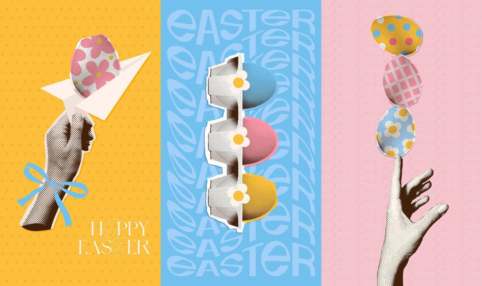 Hand with Easter eggs, balancing eggs pile, decorating Easter egg, Easter egg, sending congratulations. Square halftone collages set. Vector y2k pop art illustration.
