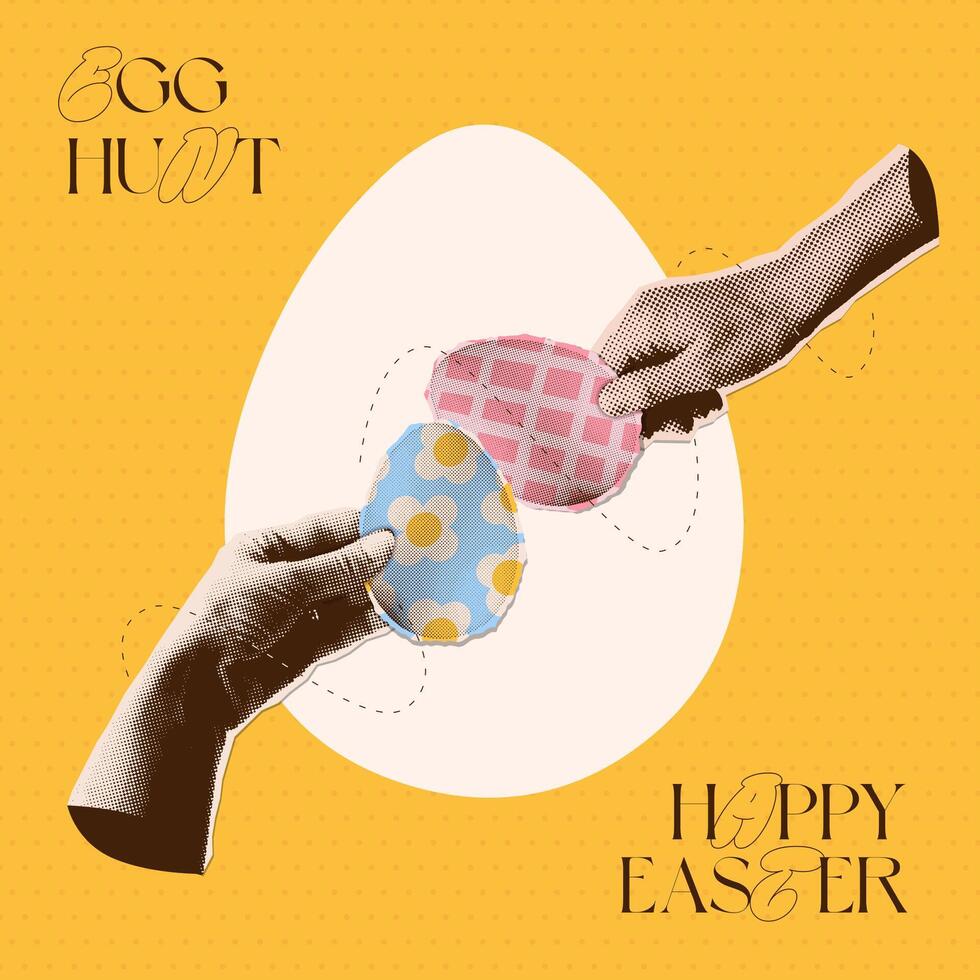 Halftone collage card design. Hands Knocking Easter Eggs. Fight game seasonal tradition. y2k vector illustration.