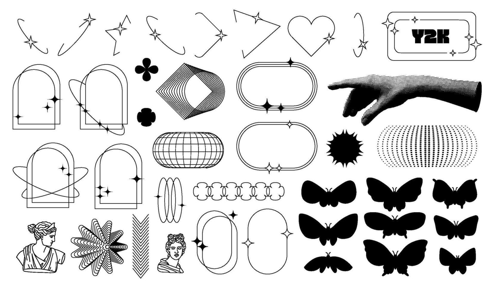 Set of geometric linear shapes in trendy retro style. 00s aesthetic frames and butterfly silhouettes. Modern minimalist arch frame with sparkles. Vector illustration.