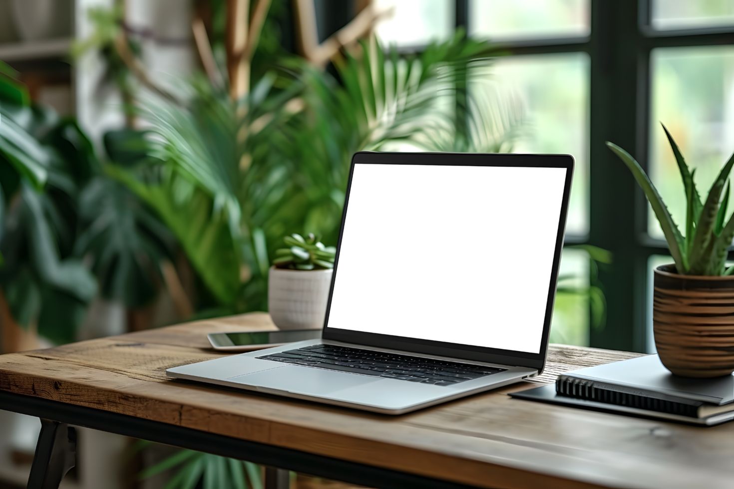 AI generated Wooden Desk Minimalistic Laptop Screen Mockup Side angle png