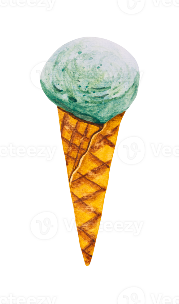 Mint or green tea ice cream scoop with cone watercolor png
