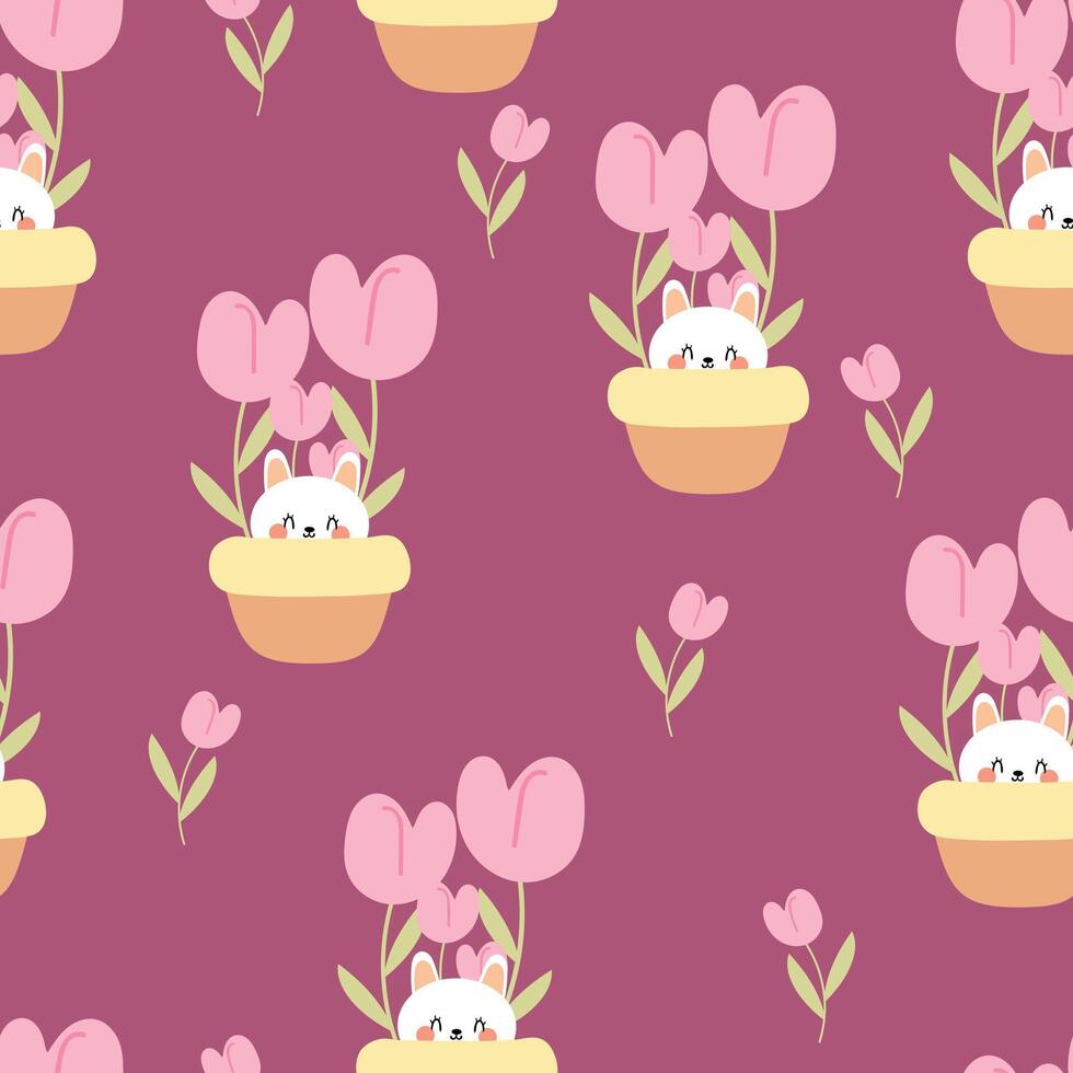 Seamless pattern with white rabbits and cute cartoon tulips for fabric print, textile, gift wrapping paper. children's colorful vector, flat style vector