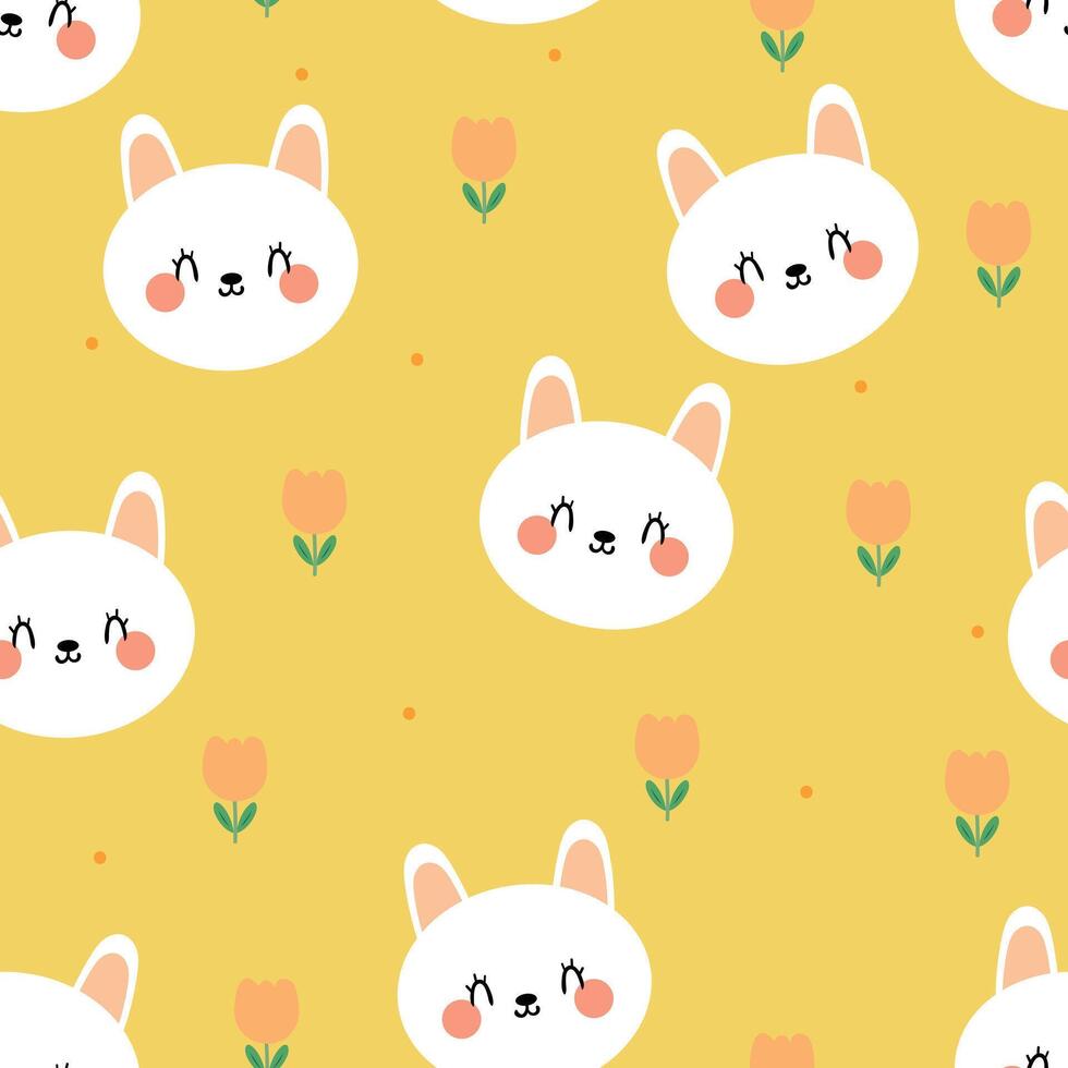 Seamless pattern with white rabbits and cute cartoon tulips for fabric print, textile, gift wrapping paper. children's colorful vector, flat style vector