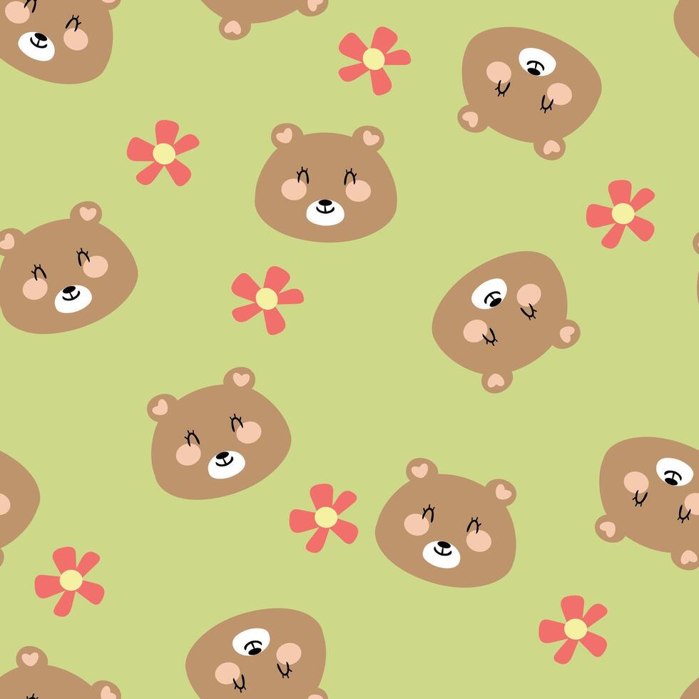 Seamless pattern with cute cartoon brown bears and flowers for fabric print, textile, gift wrapping paper. children's colorful vector, flat style vector