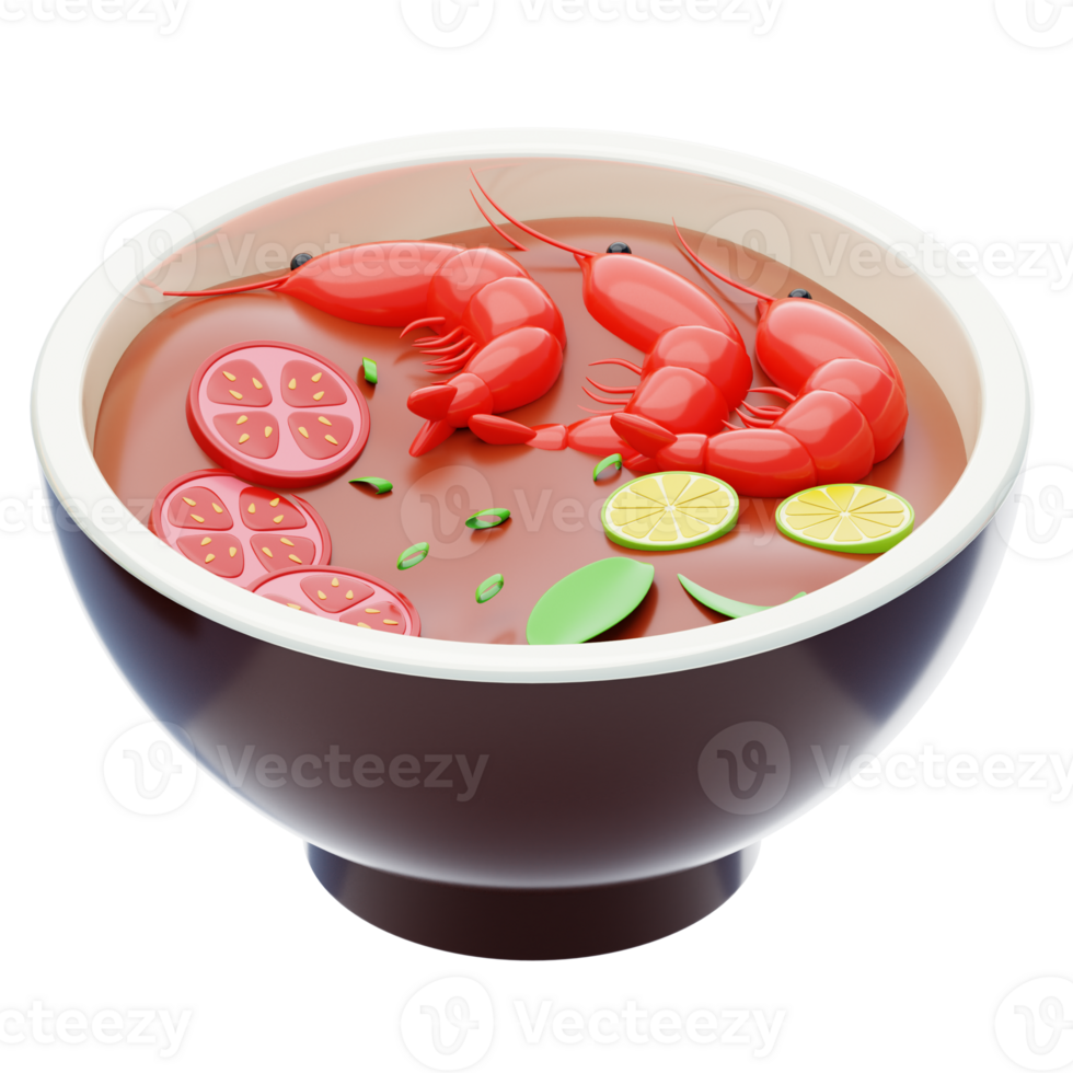 Tom Yum Goong 3D Icon. Thai Cuisine Sour and spicy soup with River Shrimp png