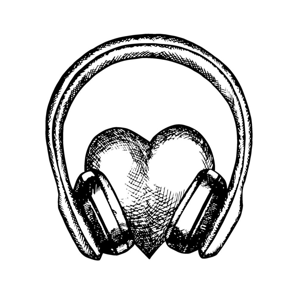 A heart in headphones, graphic vector black and white illustration. Highlight it. For posters, flyers and invitation cards. For banners and postcards. For logos, badges, stickers and prints.