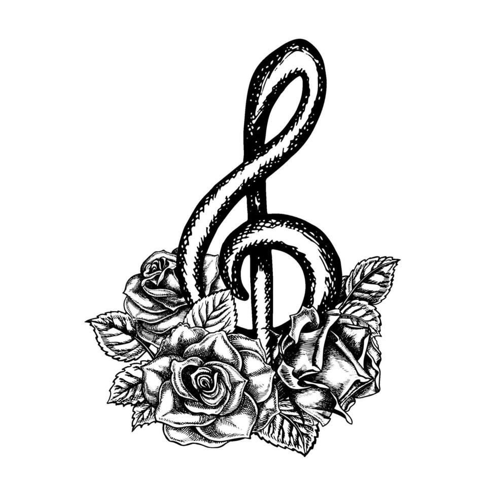 un musical triplicar clave decorado con rosas. gráfico vector negro y blanco ilustración. para carteles, volantes y invitación tarjetas para pancartas y postales para logotipos, insignias, pegatinas y huellas dactilares.