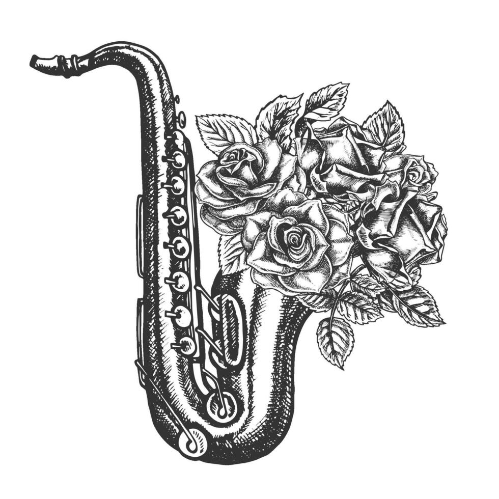 Saxophone decorated with roses, graphic vector black and white illustration. For posters, flyers and invitation cards. For banners and postcards. For logos, badges, stickers and prints.