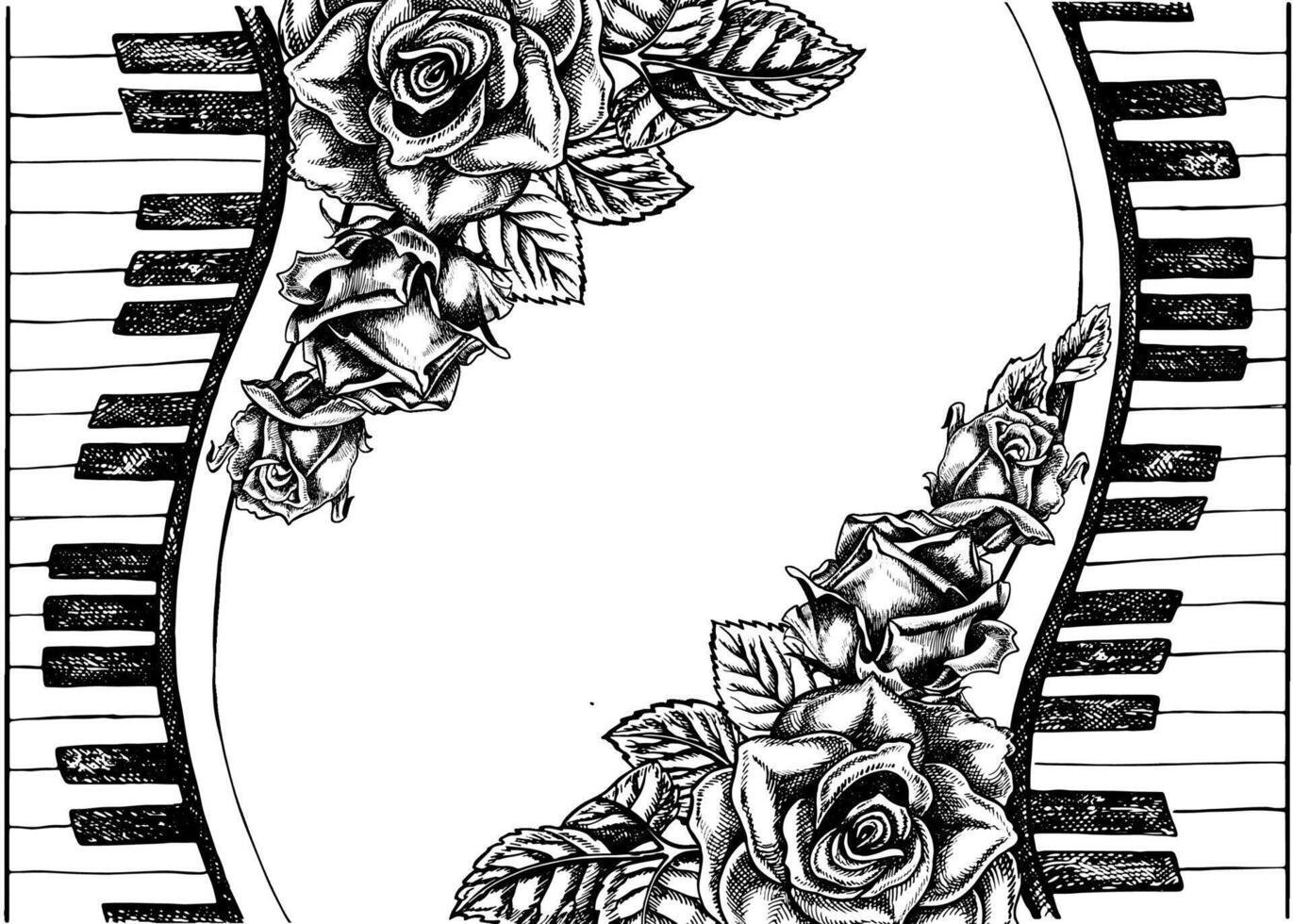 A frame with musical piano keys decorated with roses, a graphic vector black and white illustration for posters, flyers, greeting cards and invitation cards. For posters, banners and postcards.