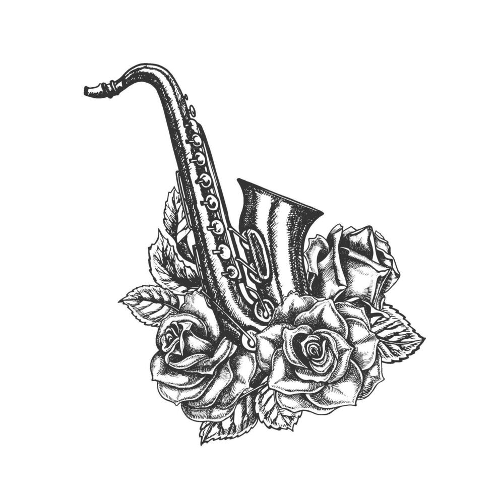 saxofón decorado con rosas, gráfico vector negro y blanco ilustración. para carteles, volantes y invitación tarjetas para pancartas y postales para logotipos, insignias, pegatinas y huellas dactilares.