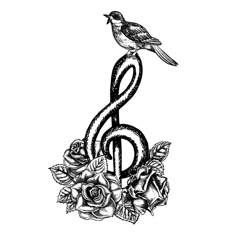 A musical treble clef with a nightingale decorated with roses. Graphic vector black and white illustration. For posters, flyers and invitation cards. For logos, badges, stickers and prints.