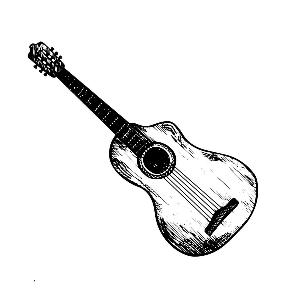 The guitar is six-stringed. Graphic vector black and white illustration. Highlight it. For logos, badges, stickers and prints. For postcards, business cards, flyers and posters.