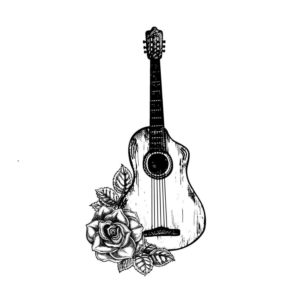 guitarra decorado con rosas, gráfico vector negro y blanco ilustración. para carteles, volantes y invitación tarjetas para pancartas y postales para logotipos, insignias, pegatinas y huellas dactilares. para postales