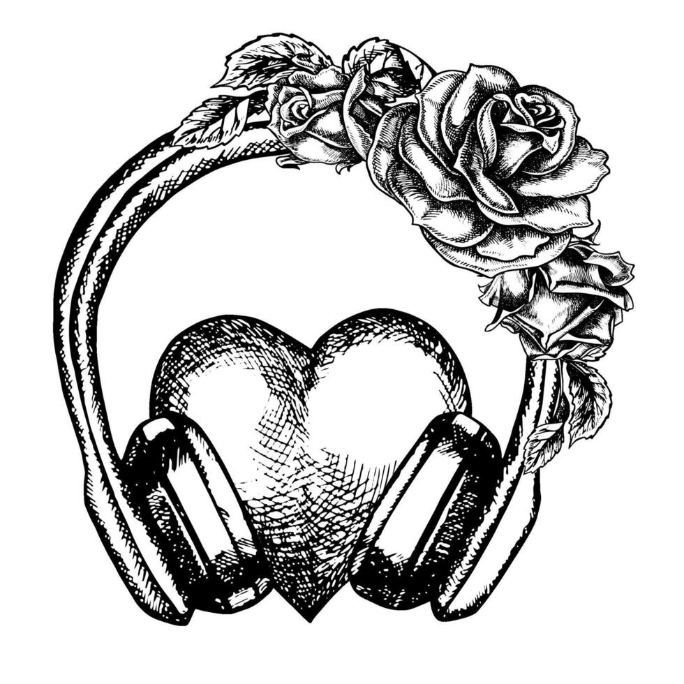 A heart in headphones decorated with roses, graphic vector black and white illustration. For posters, flyers and invitation cards. For banners and postcards. For logos, badges, stickers and prints.