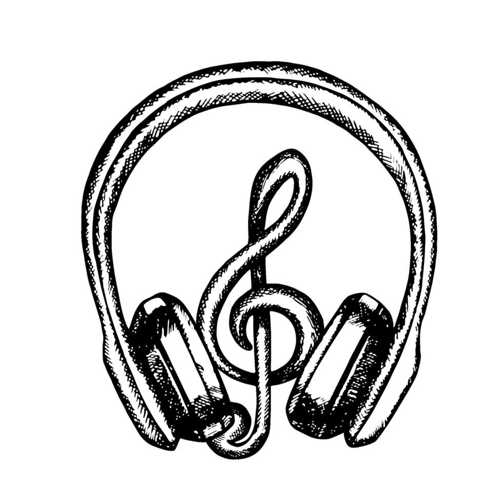 Headphones with treble clef, graphic vector black and white illustration. Highlight it. For posters, flyers and invitation cards. For banners and postcards. For logos, badges, stickers and prints.