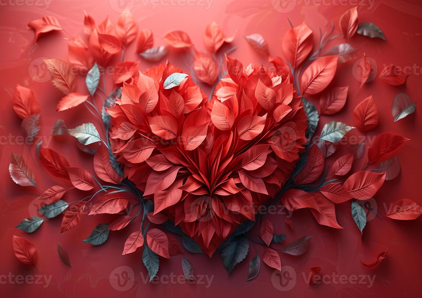 AI Generated Red paper heart on red background. photo