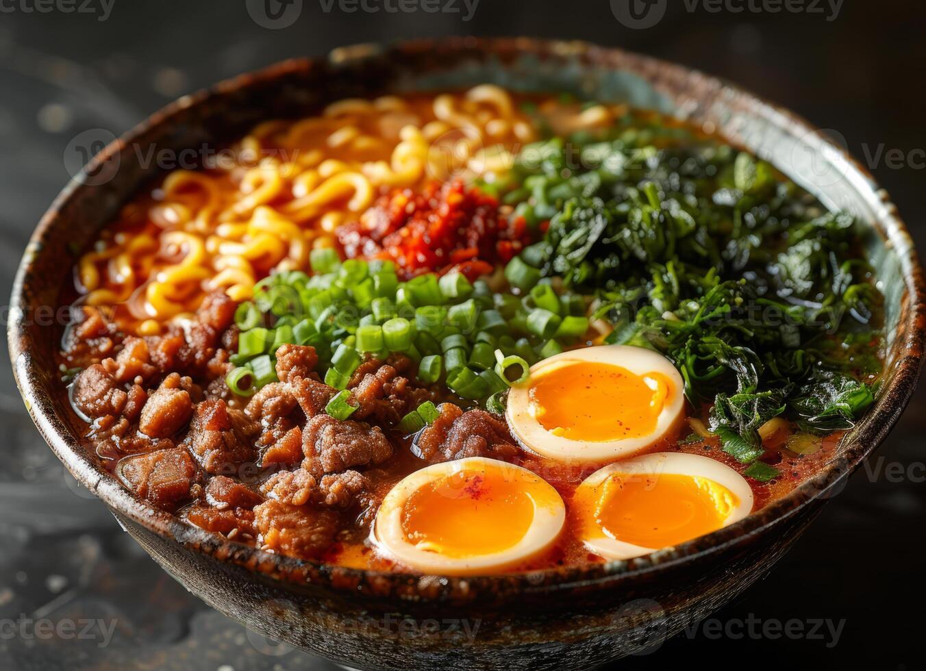 AI generated Spicy ramen with pork egg and vegetables in bowl photo