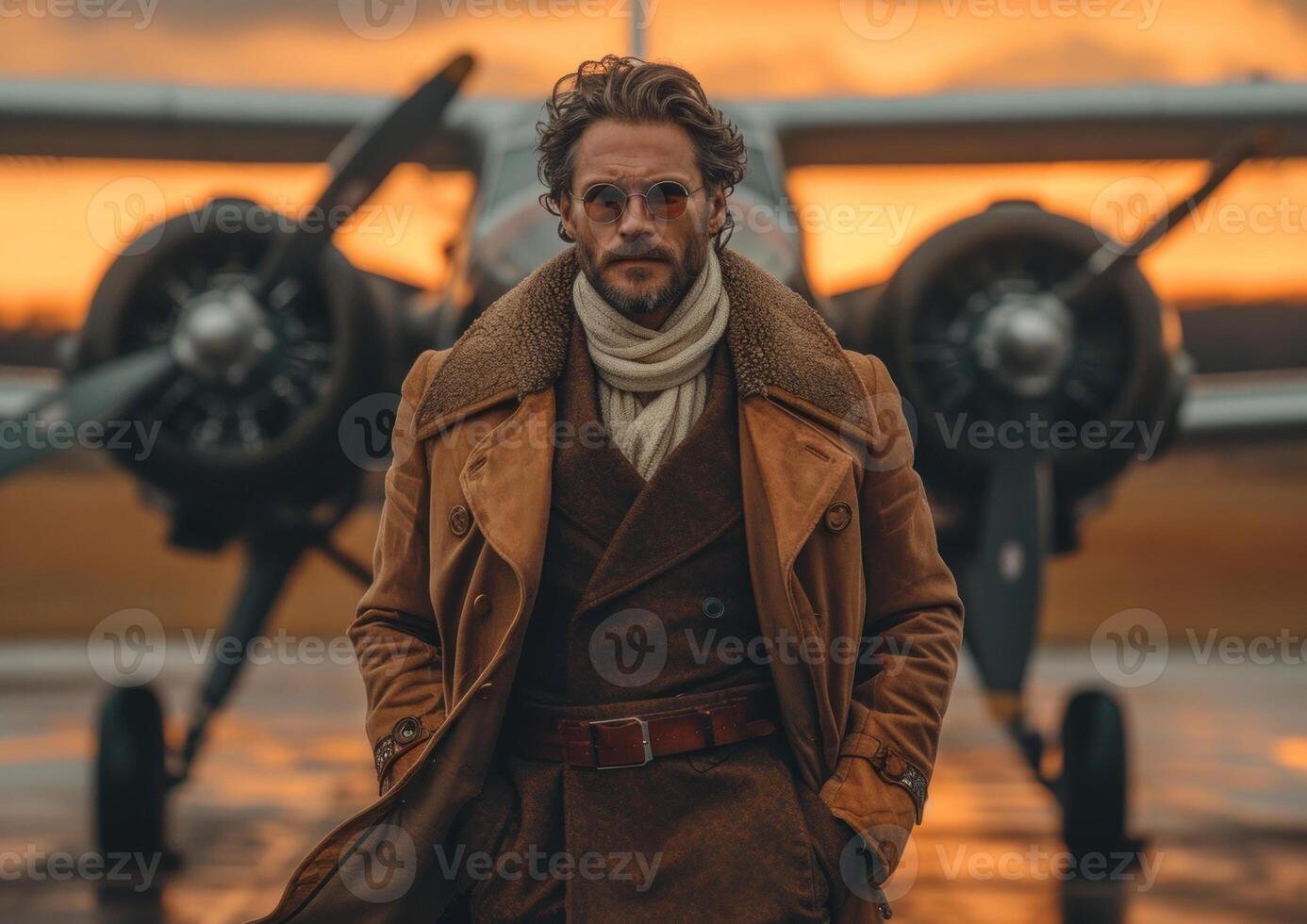 AI Generated Portrait of handsome man in coat and sunglasses standing in front of private airplane. photo