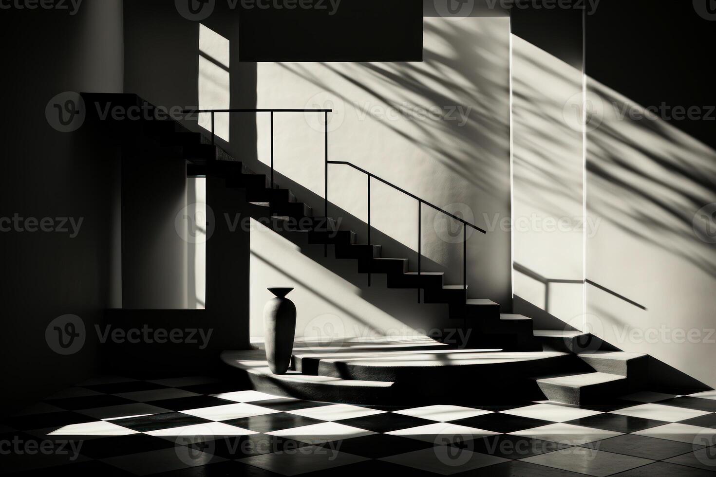 AI generated Black and white shot of stairs. Man stands in black and white room with staircase and checkerboard floor. photo