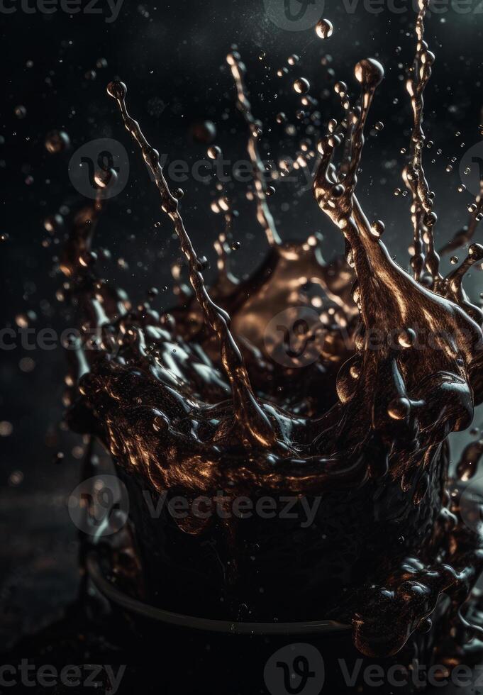 AI generated Splashes of chocolate on dark background photo