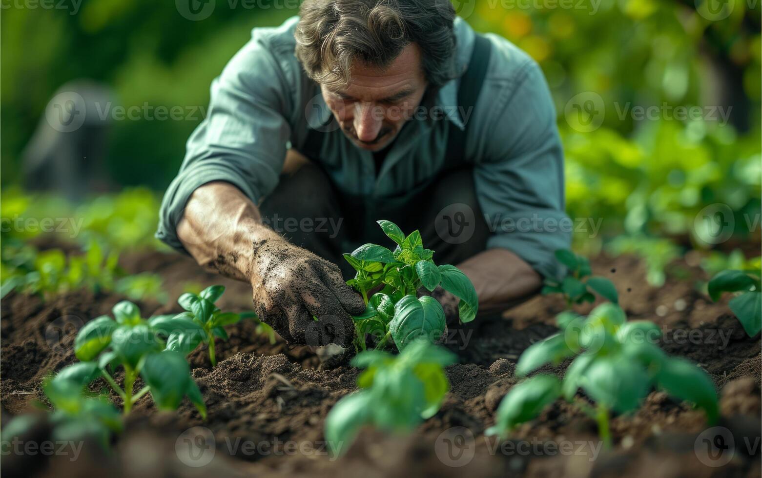 AI generated Farmer planting green plants. A man kneeling down in a field of plants, carefully examining the herbs and vegetation. photo