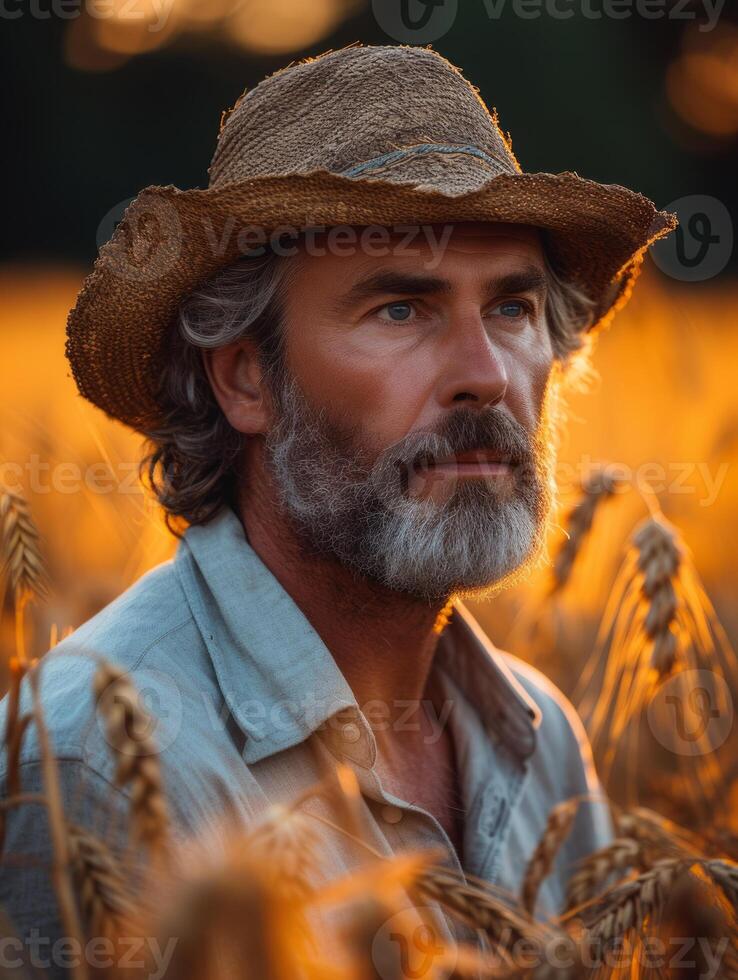 AI Generated Farmer standing in wheat field looking away. Portrait of farmer in grain field at sunset photo