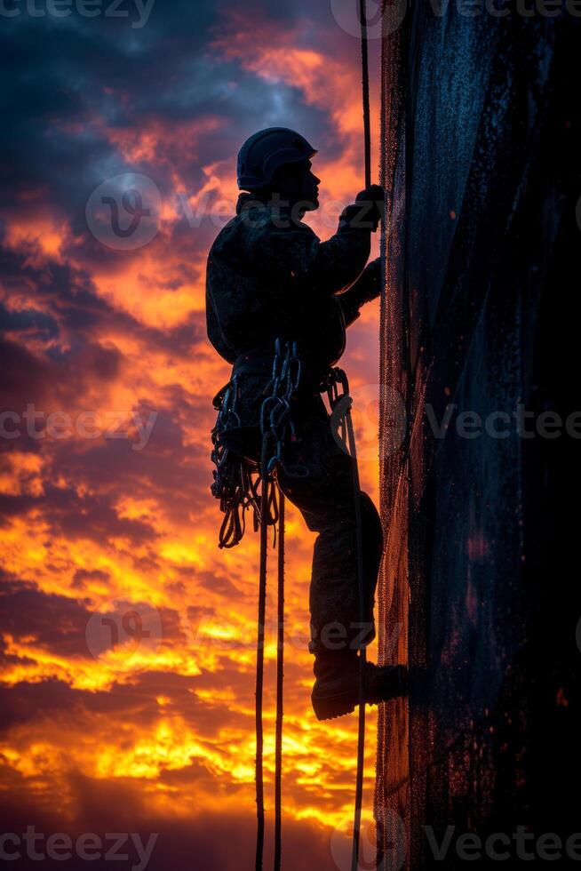AI generated Silhouette of climber against the sky and the setting sun. Silhouette of a man using ropes to work on the side of a wall photo