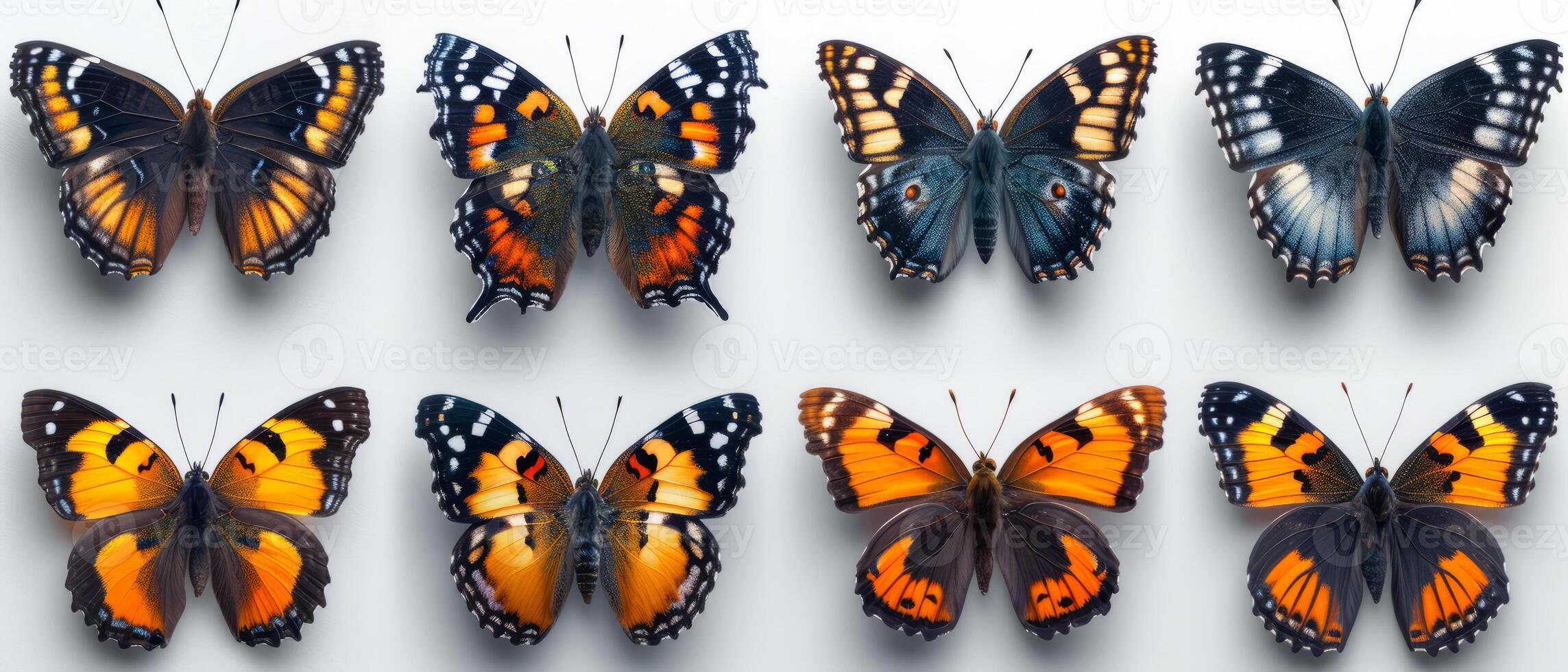 AI generated Series of butterflies. Seven different butterfly images on white background photo