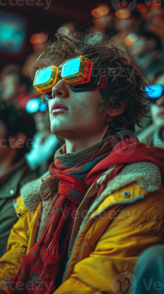 AI generated Young man watching 3D movie with special glasses photo