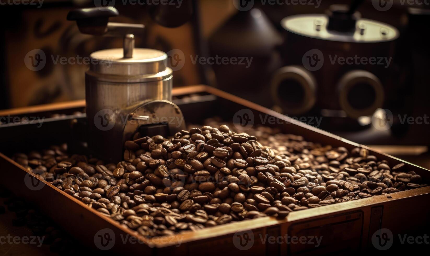 AI generated Roasted coffee beans are in the wooden box photo