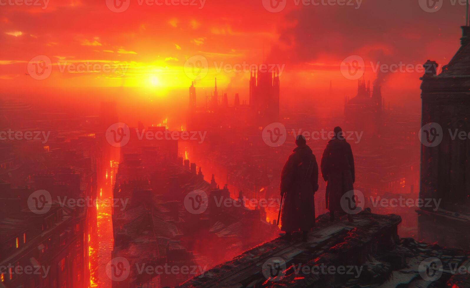 AI generated Two men stand on the roof of the destroyed city and watch at the burning sunset. Apocalyptic landscape photo