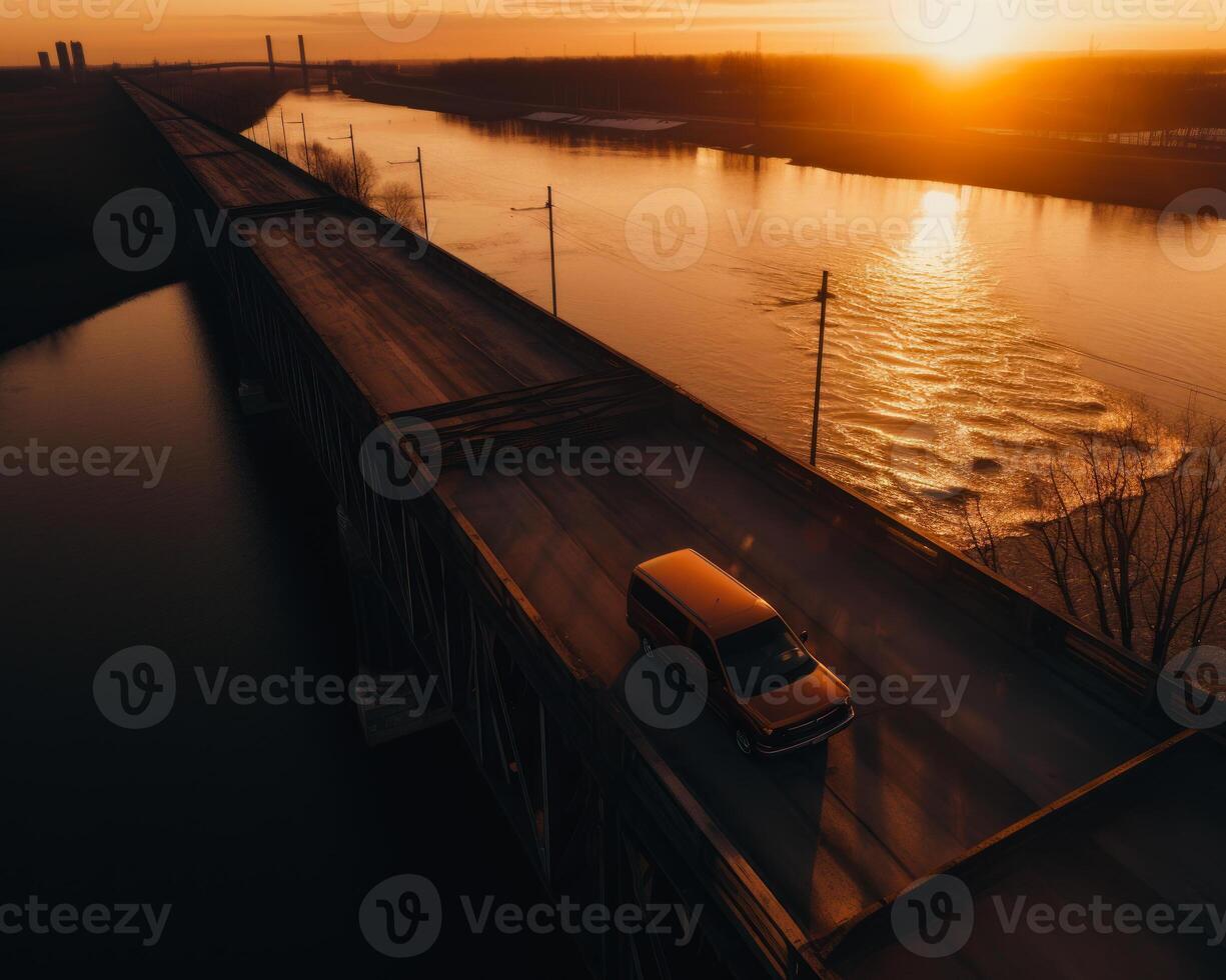 ai generado amarillo camión unidades en puente a puesta de sol foto