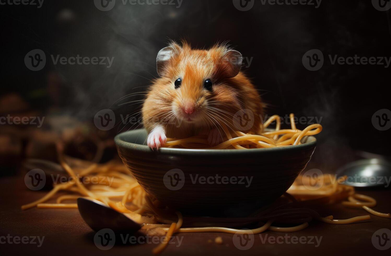 AI generated Cute hamster sitting in bowl with spaghetti photo