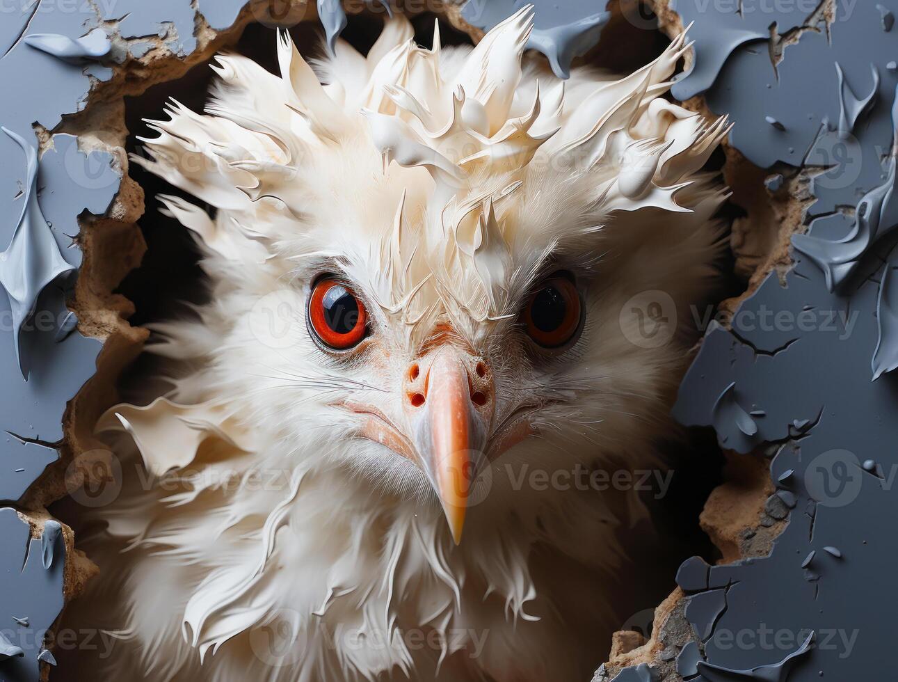 AI generated White owl looks out of hole in the wall photo