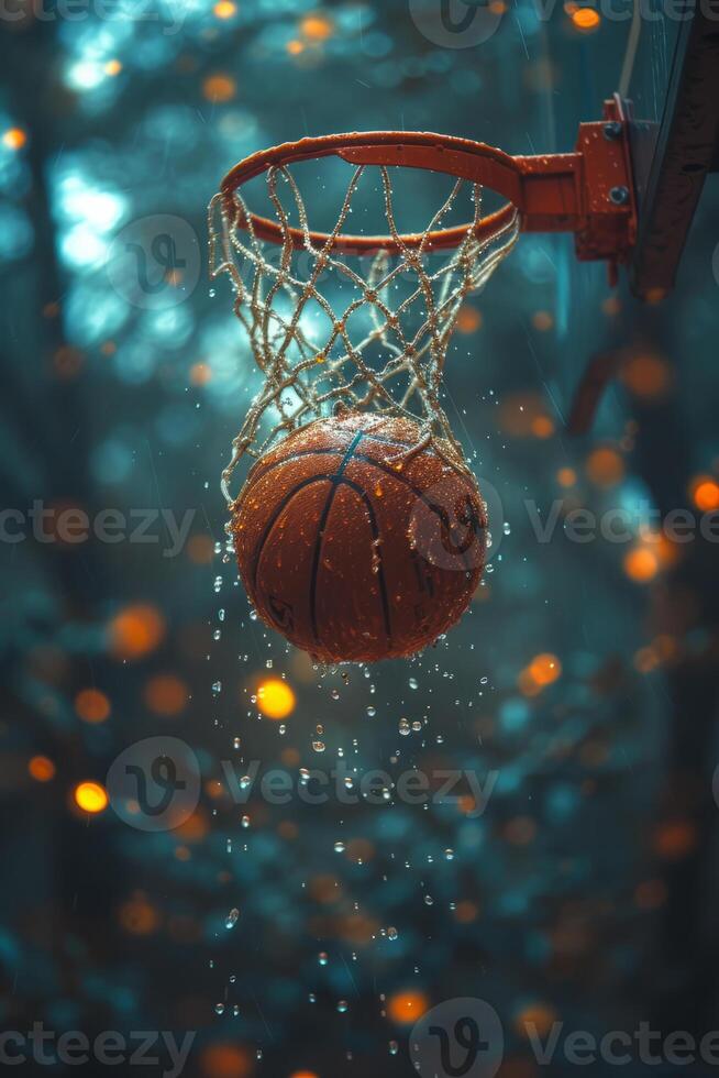 AI Generated Basketball going through the hoop at sports arena Banque d'images photo