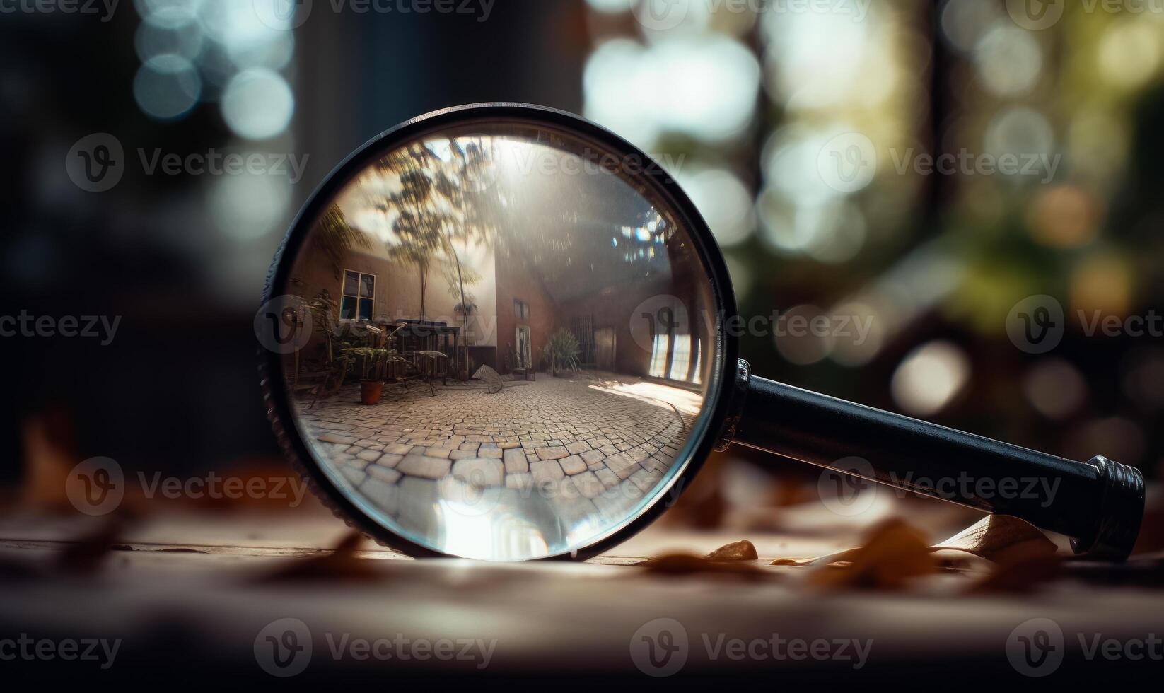 AI generated Magnifying glass looking at cobblestone street photo