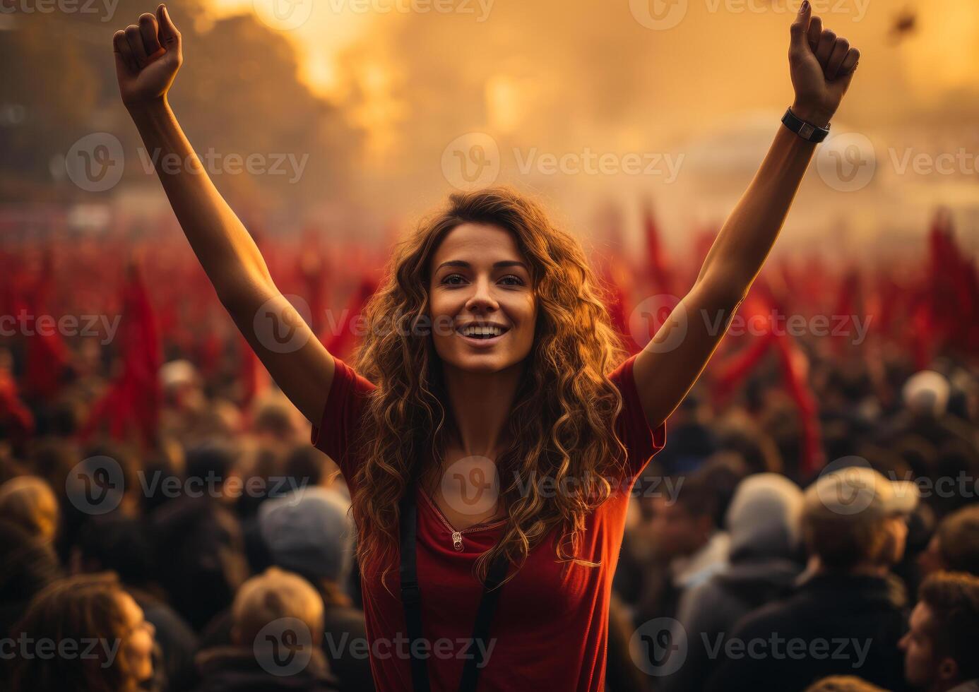 AI generated A woman holding her hands in the air against football. A woman stands in a large crowd with her arms lifted in the air, expressing jubilation or celebration. photo