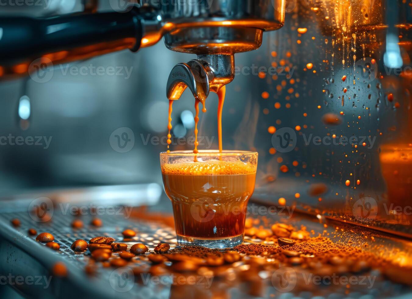 AI generated Professional coffee machine making espresso with group head photo