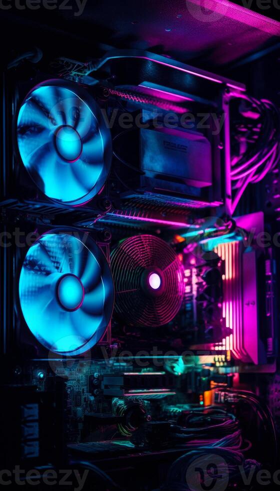 AI generated Two powerful graphics cards with cooler on dark background photo